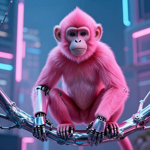 CGI image of a pink-furred, cybernetic monkey with robotic limbs, sitting on a metallic branch in a neon-lit futuristic cityscape