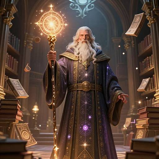 Wise Wizard Casting Spell in Arcane Library