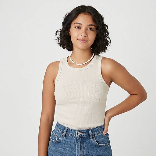 Photograph of a young woman with medium brown skin, black wavy hair, wearing a white ribbed tank top and blue jeans, smiling, hand