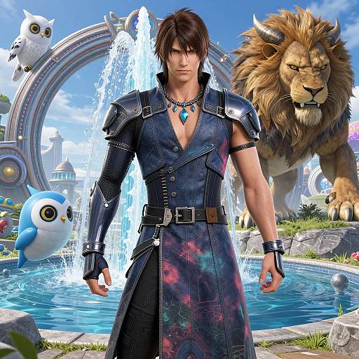 Digital artwork of a muscular, brown-haired man in blue, armored dress with blue necklace, standing before a fountain, lion, and owls.