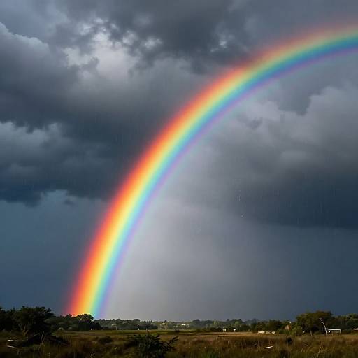 Photograph of a vibrant rainbow arching across a dark, stormy sky over a grassy field with scattered trees and distant buildings.