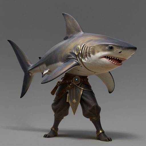 Digital CGI of an anthropomorphic shark warrior, gray and silver, wearing dark pants, gold accessories, and standing on two legs, against a gradient gray