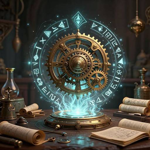 Steampunk-style magic circle with glowing blue runes and gears over a luminous fire, surrounded by scrolls and potions on a wooden table.