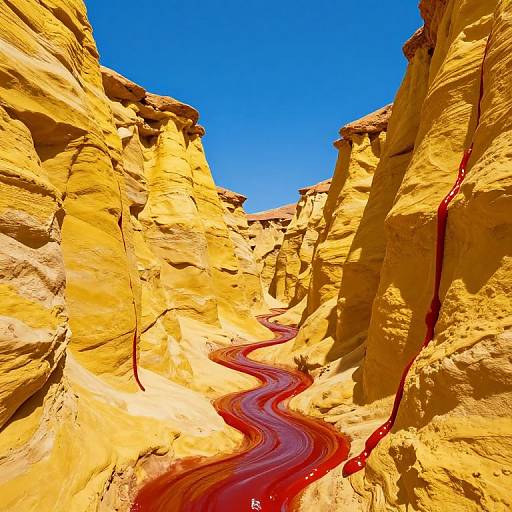 Photograph of a narrow, winding canyon with bright yellow sandstone walls and a vivid red, liquid river flowing through the center under a clear blue sky