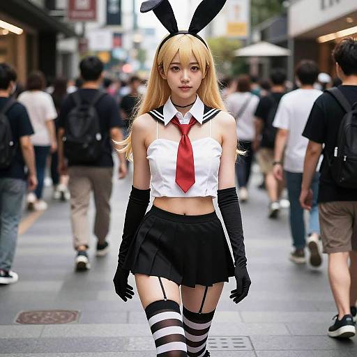Photograph of a blonde woman in a black-and-white bunny cosplay with red tie, striped thigh-high socks, and gloves, walking on a busy urban