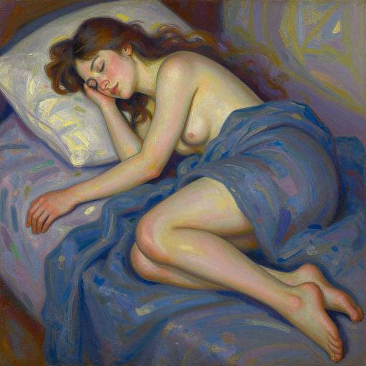 Impressionist-style painting of a topless, fair-skinned woman with brown hair, sleeping on a bed with blue sheets and a white pillow.