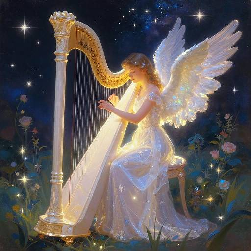 Angel playing a glowing golden harp under a starry night sky, surrounded by flowers, with ethereal white wings and dress. Digital art.