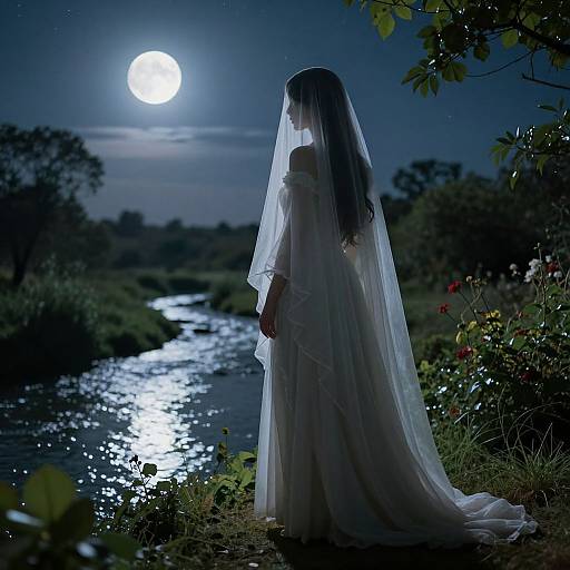 Silhouetted bride in white gown and veil stands by moonlit river, surrounded by dark trees and glowing flowers under a full moon.