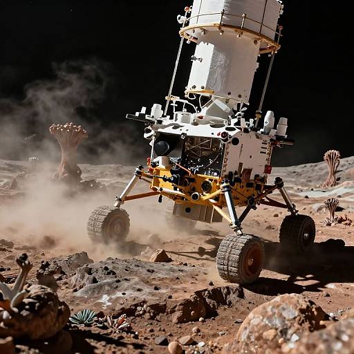 Photograph of a robotic lunar rover with large tires and a white, cylindrical body driving on a dusty, rocky lunar surface. Dark sky and distant cr