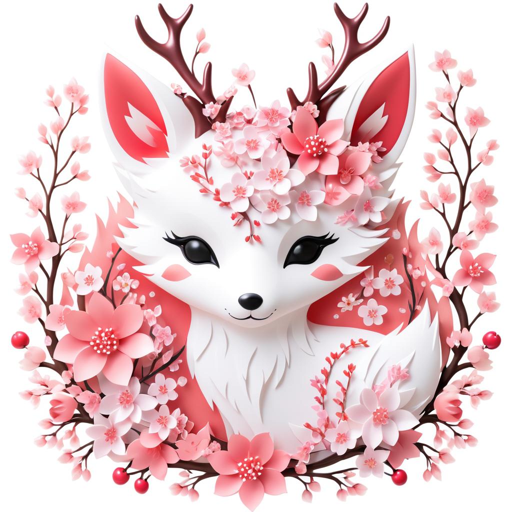 Whimsical Kawaii Fox with Floral Antlers