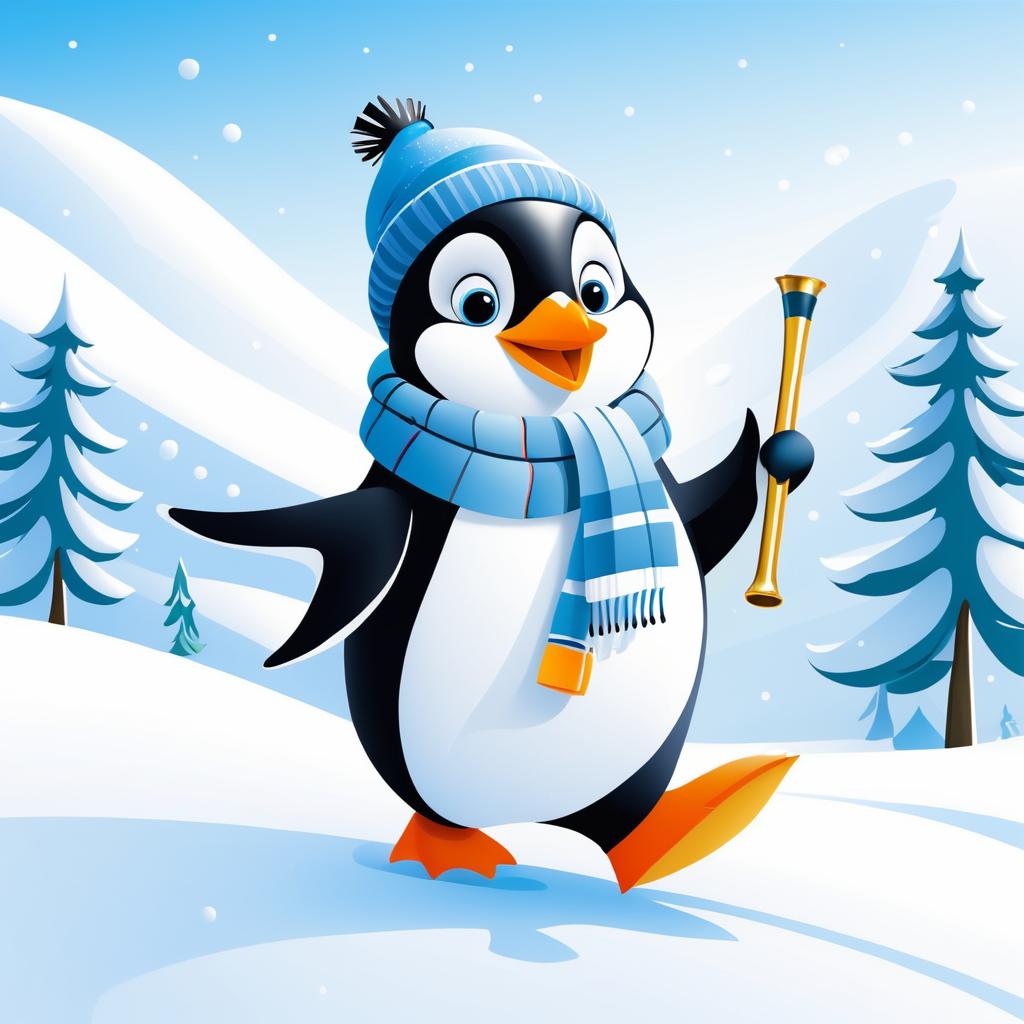 Joyful Penguin Playing Flute in Snow