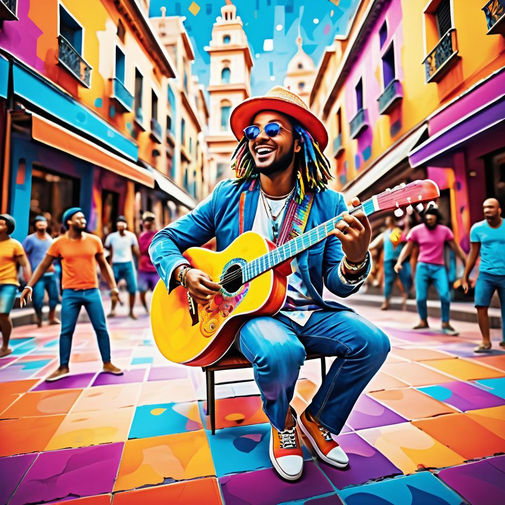 Vibrant Street Musician in Colorful Square