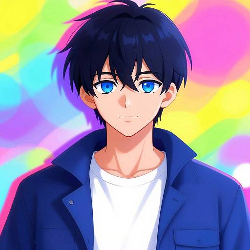 Anime-style digital drawing of a young man with black hair, blue eyes, wearing a blue jacket over a white shirt, against a vibrant rainbow background.