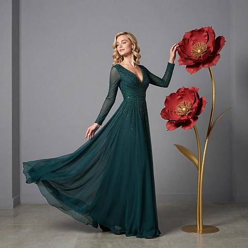 Elegant Blonde Woman in Green Gown