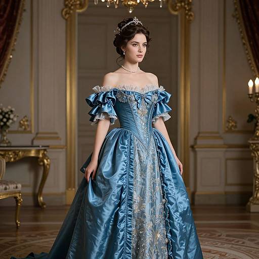 Photograph of a fair-skinned woman with dark hair in an ornate blue off-shoulder ball gown, wearing a tiara, standing in