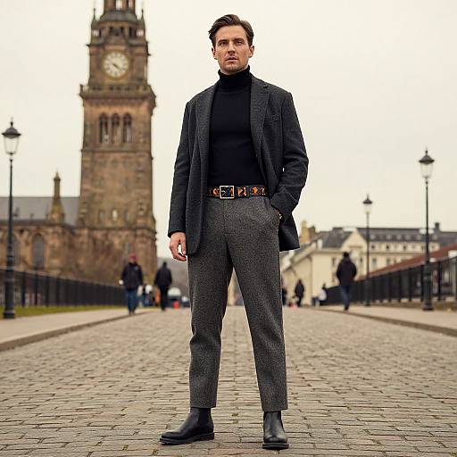 Photograph of a confident, dark-haired man in a black suit, gray trousers, and black boots, standing on a cobblestone street with a