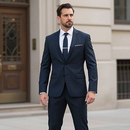 Photograph of a handsome, bearded man in a dark navy suit, white shirt, and black tie, standing confidently outside a classic building with a