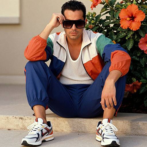 Photograph of a man with short dark hair, wearing black sunglasses, a white mesh shirt, and a colorful tracksuit, sitting on a concrete step
