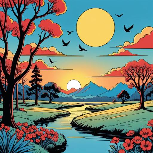 Colorful Landscape Illustration with River and Mountains
