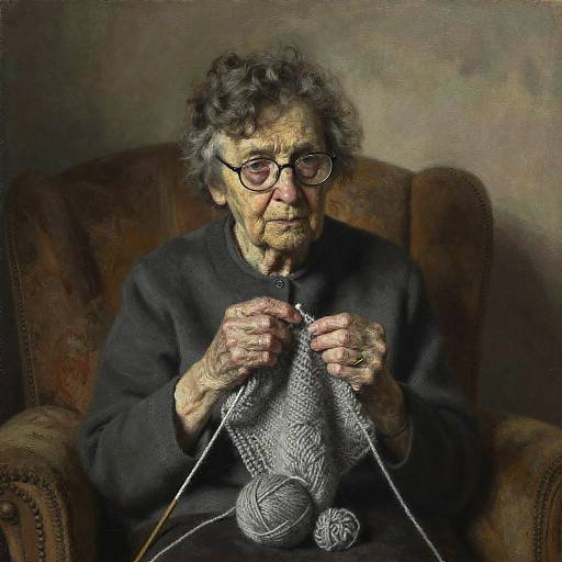 Melancholy Elderly Woman Knitting