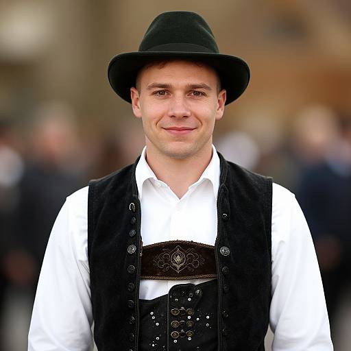 Photograph of a smiling Caucasian man in traditional Bavarian attire: black felt hat, white shirt, black vest with intricate buckle, standing outdoors with blurred