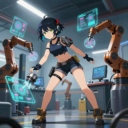Anime-style digital artwork of a black-haired girl in a crop top and shorts, wielding robotic arms with glowing blue holographic screens in a futuristic lab.
