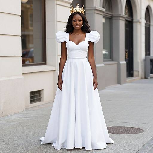 Photograph of a Black woman with dark skin, wearing a white, puffy-sleeve wedding gown and a gold crown, standing on a city
