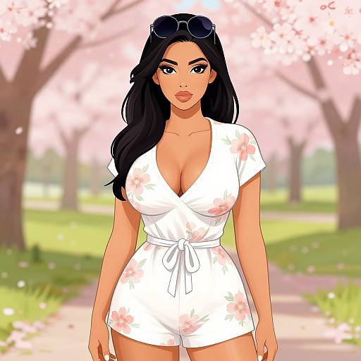 Digital illustration of a curvy woman with long black hair, wearing a white floral romper, sunglasses on head, standing in a cherry blossom park.