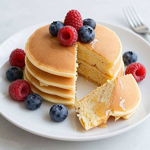 Photograph of a stack of golden-brown pancakes with a slice cut out, topped with blueberries and raspberries, on a white plate.