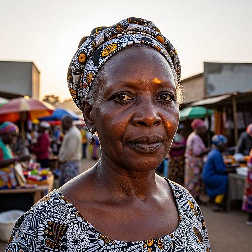 Photograph of a smiling, dark-skinned African woman with a patterned headwrap and blouse, standing in a vibrant, bustling market.