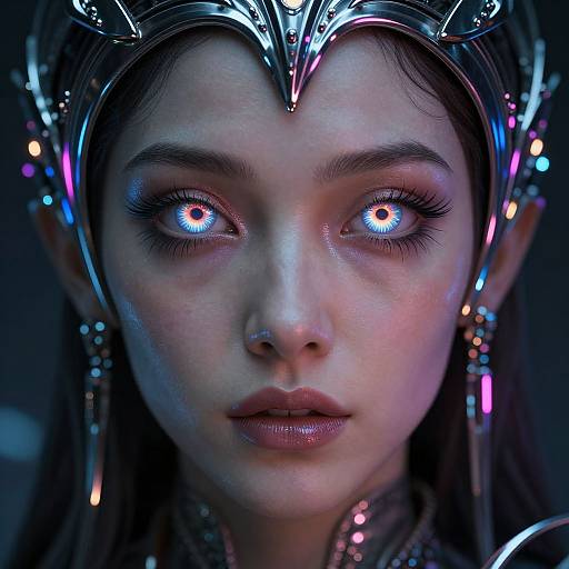 Photorealistic CGI portrait of a young woman with glowing blue eyes, wearing a metallic, neon-accented headpiece, and intricate earrings, in