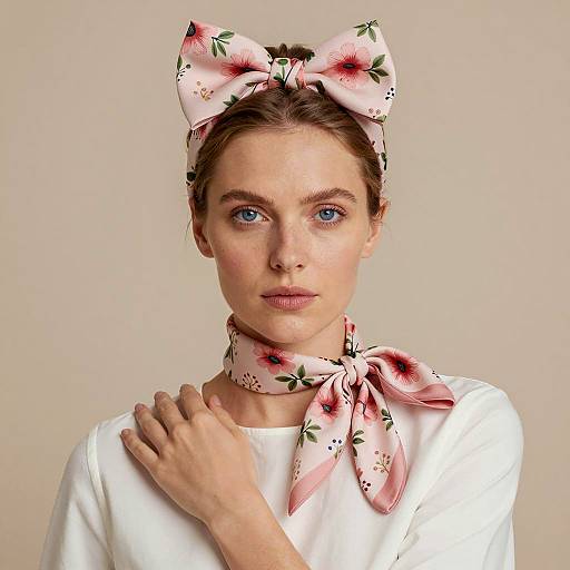 Woman with Floral Pink Bow Headband and Scarf