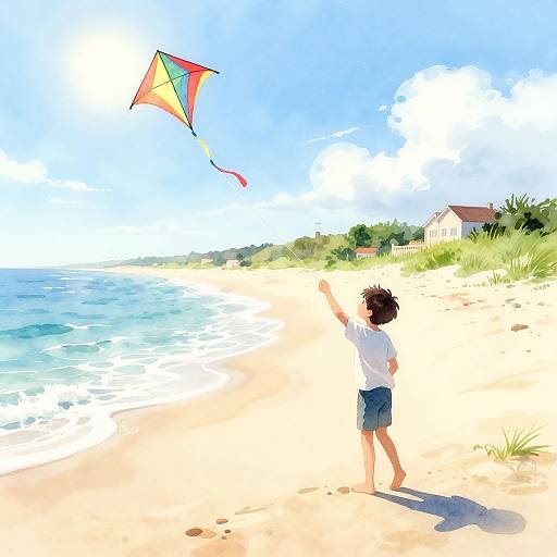 Watercolor Scene of Boy Flying Kite