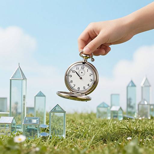 Photograph of a hand holding a silver pocket watch over a miniature glass city on green grass under a clear blue sky.