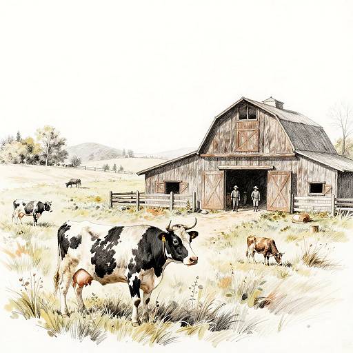 Illustration of a rustic wooden barn with two people inside, surrounded by black-and-white cows grazing in a grassy field.