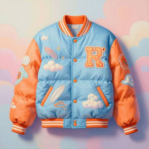 Bright blue and orange puffy jacket with R emblem, feathers, clouds, and stars on sleeves; displayed against a soft pink and blue bokeh background