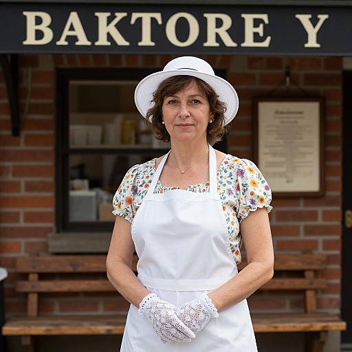 Photograph of a middle-aged woman with short brown hair, wearing a white hat, floral blouse, white apron, and lace gloves, standing in