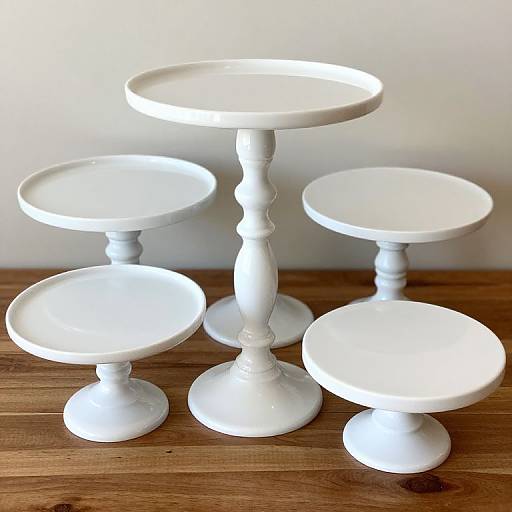 Photograph of four white, wooden-tiered serving stands with circular plates, arranged on a wooden table against a plain white wall.