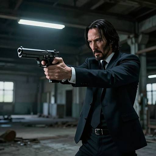 Photograph: Intense man with dark hair and beard, in black suit, pointing a handgun in a dim, industrial, abandoned warehouse.