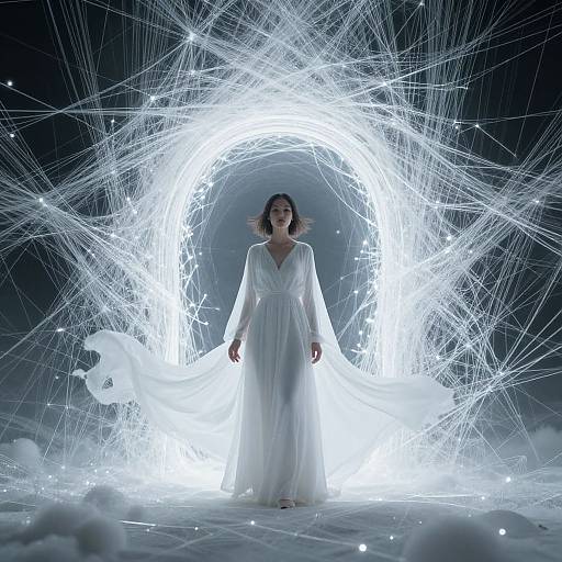 Photograph of a woman in a white, flowing dress standing in a bright, glowing, web-like light circle against a dark background.