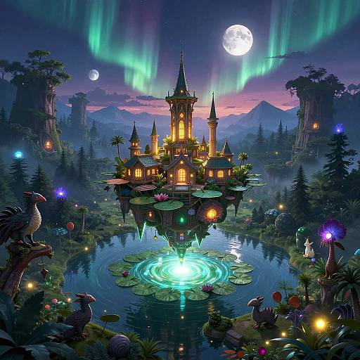 Digital fantasy artwork of a glowing, fairy-tale castle on a lily-pad island, surrounded by enchanted forest, aurora borealis, and a