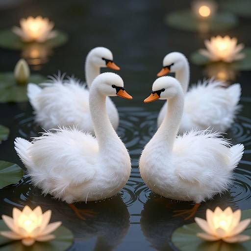 Photograph of three fluffy white swans with black markings, orange beaks, standing in dark water surrounded by glowing lotus flowers.