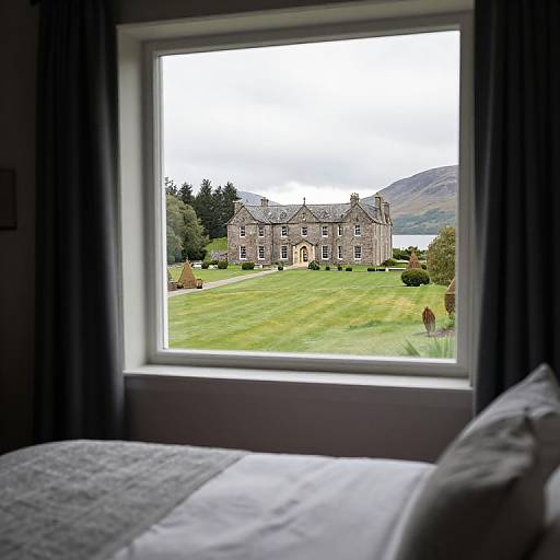 Photograph of a stone mansion viewed through a window, framed by dark curtains, with a lush green lawn and mountains in the background. Foreground includes