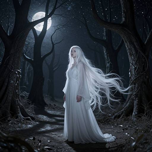 Photograph of a pale-skinned woman with long, flowing white hair, wearing a white, floor-length gown, standing in a dark, moonlit