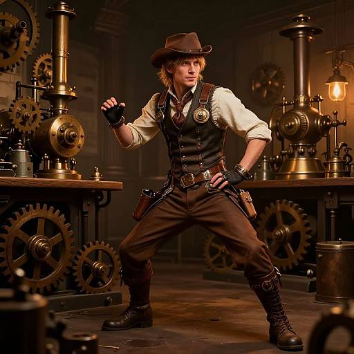 Photograph of a confident, blonde man in steampunk attire, wearing a brown hat, vest, and gloves, standing in a dimly lit