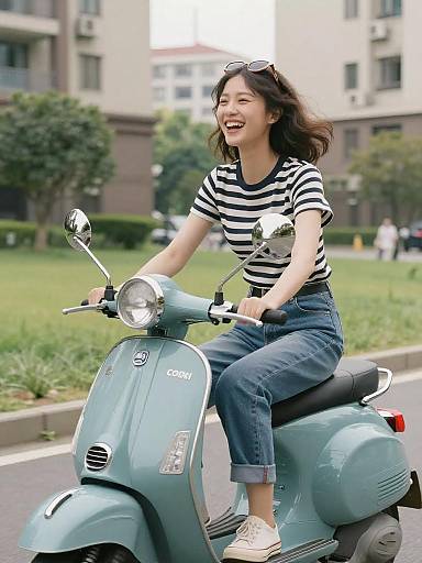 Joyful Woman Riding Vintage Scooter