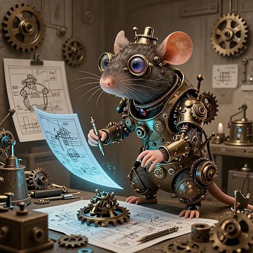 Steampunk rat with mechanical gears and goggles, holding blue illuminated blueprint in a cluttered workshop with gears and diagrams.