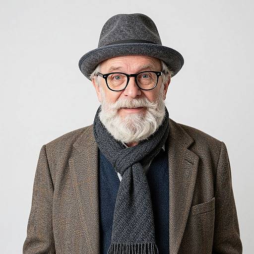Photograph of an elderly white man with white beard, black-rimmed glasses, dark gray fedora, brown tweed jacket, and black scarf