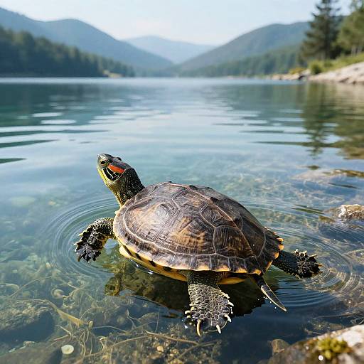 Realistic Cute Turtle in Lake