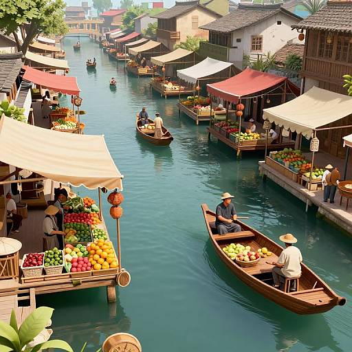 Colorful photograph of a bustling floating market with wooden boats selling fruits and vegetables, shaded stalls, and vendors in traditional hats. Vibrant produce and calm